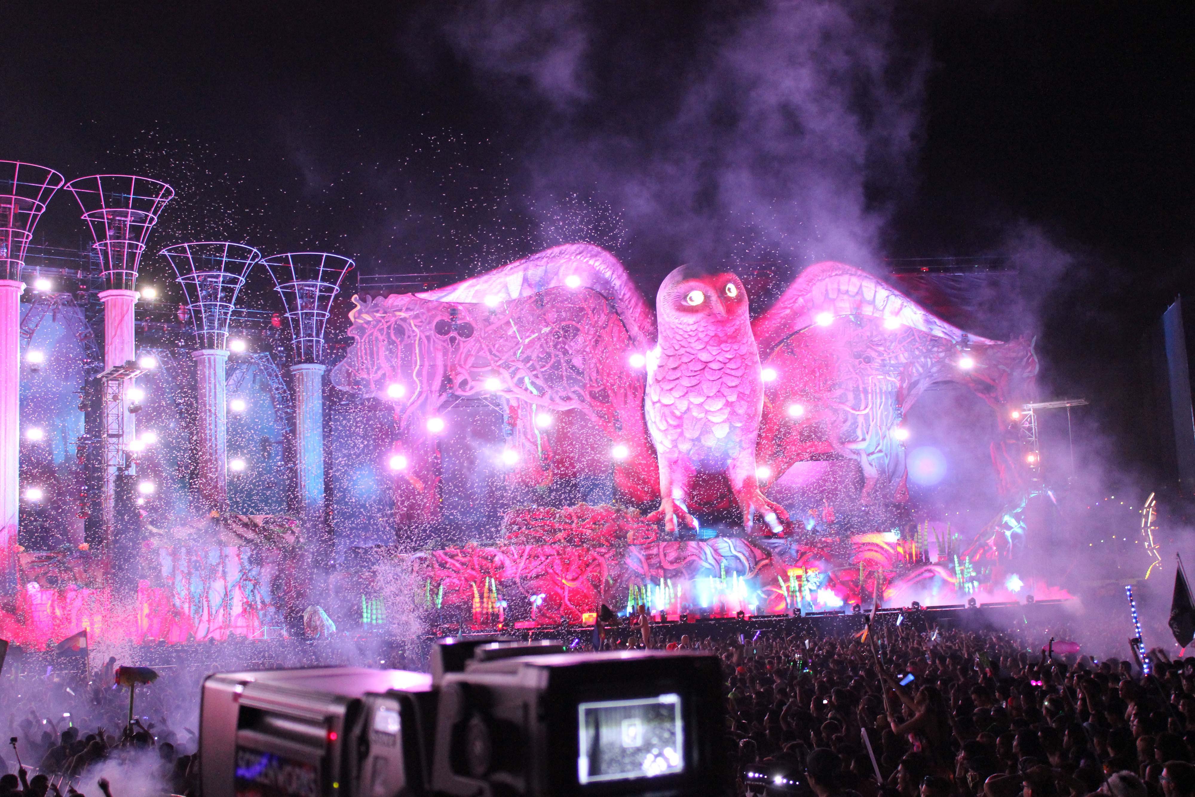 Giant inflatable owl on stage EDC 2014 with crowd