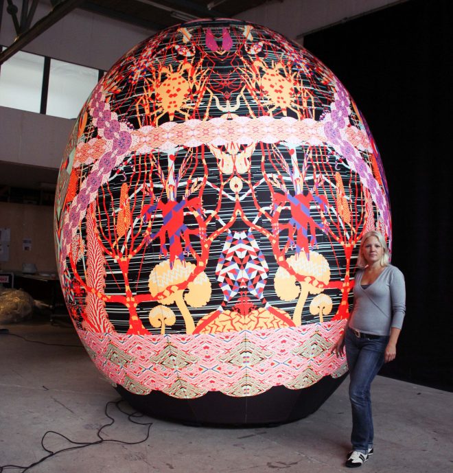 Large printed inflatable egg for artist/designer Kustaa Saski in Airworks Inflatables workspace