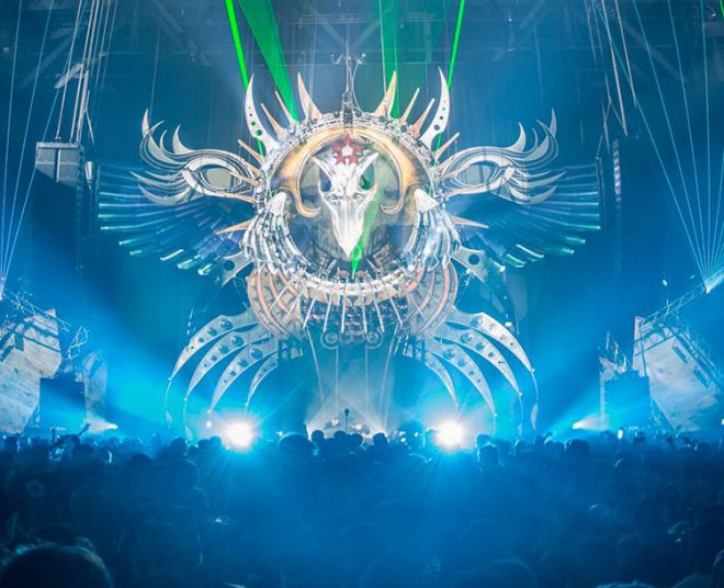 Giant inflatable bird skull. Qlimax festival 2016. Photo: S. Camelot