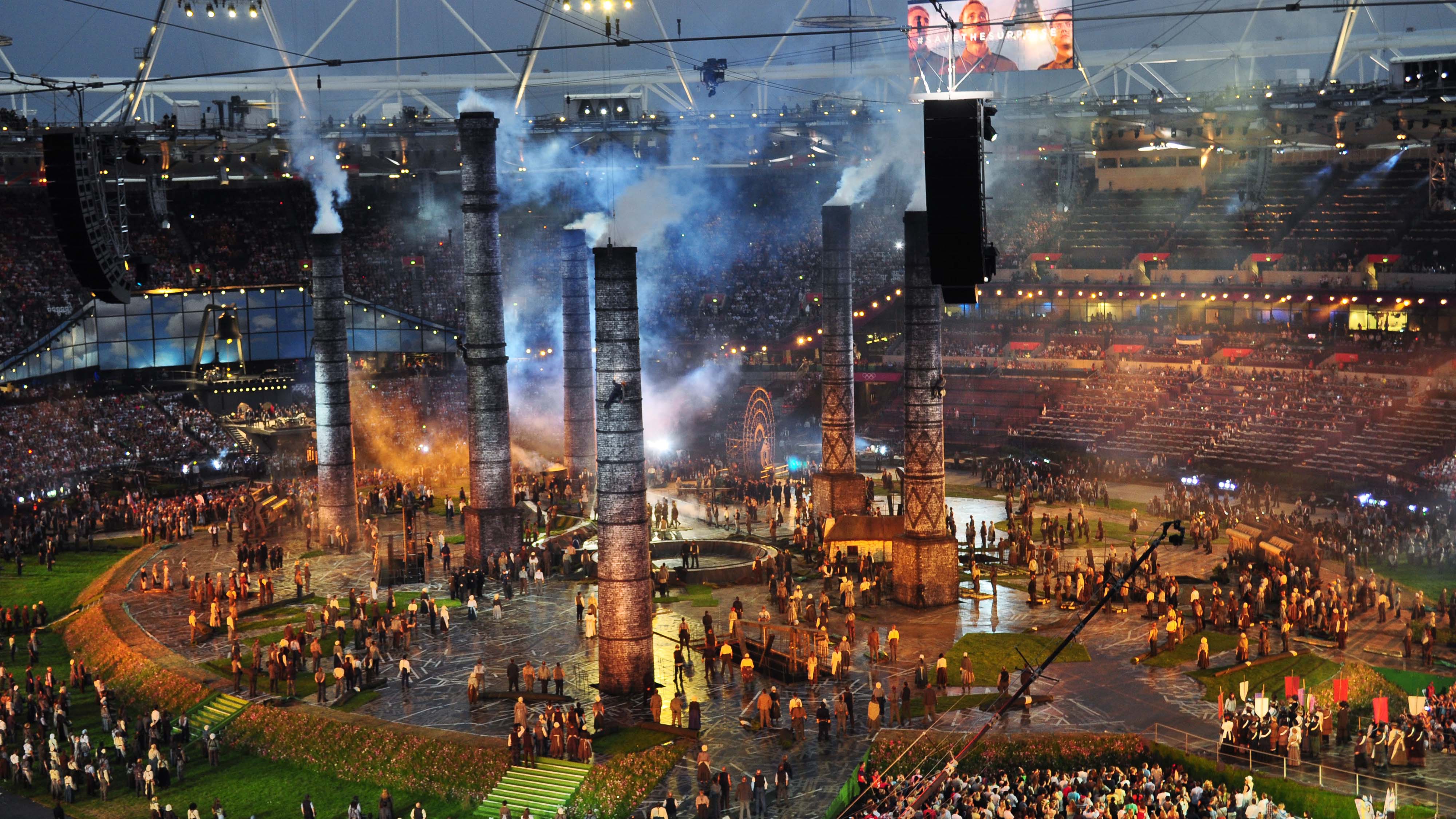 Giant industrial chimneys with smoke for London 2012 Olympic Games opening ceremony