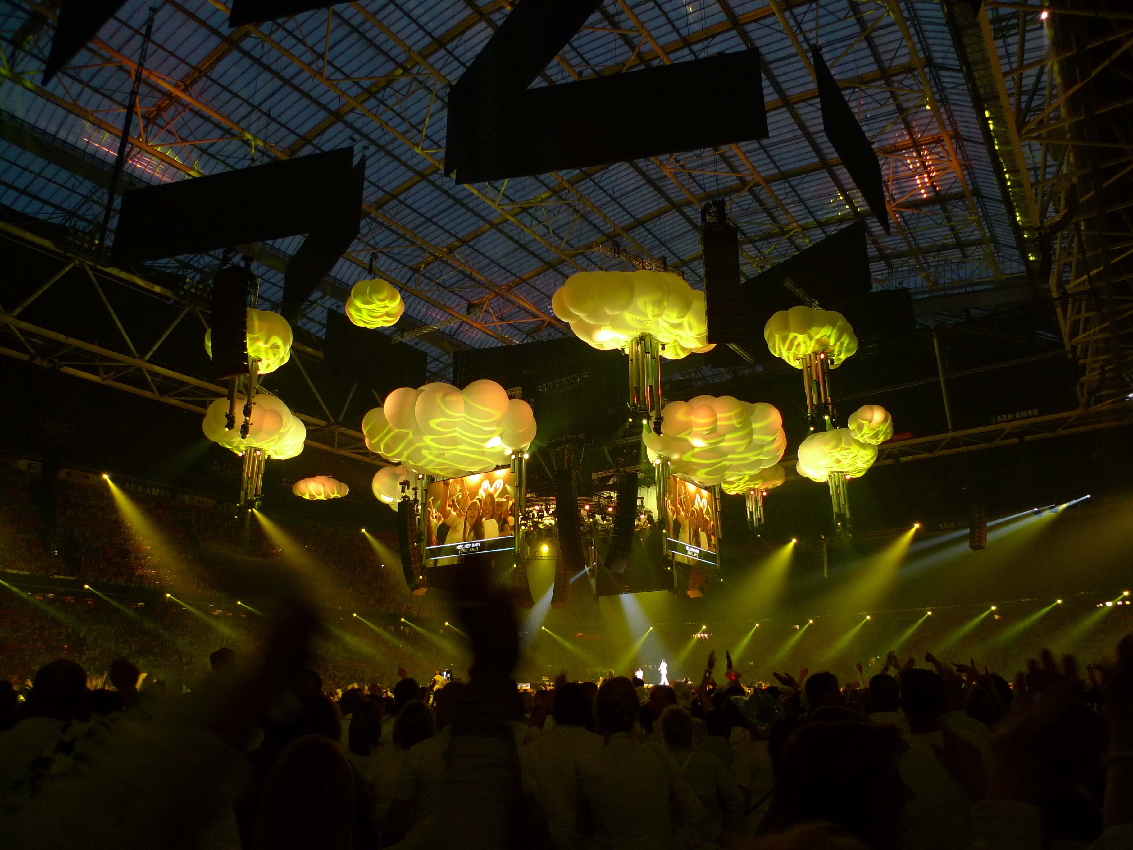 Inflatable clouds for Toppers 2010 in a stadium with large crowd below